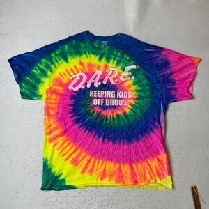 DARE Keeping Kids Off Drugs Tie Dye Graphic T Shirt Mens 2XL Rainbow Spiral